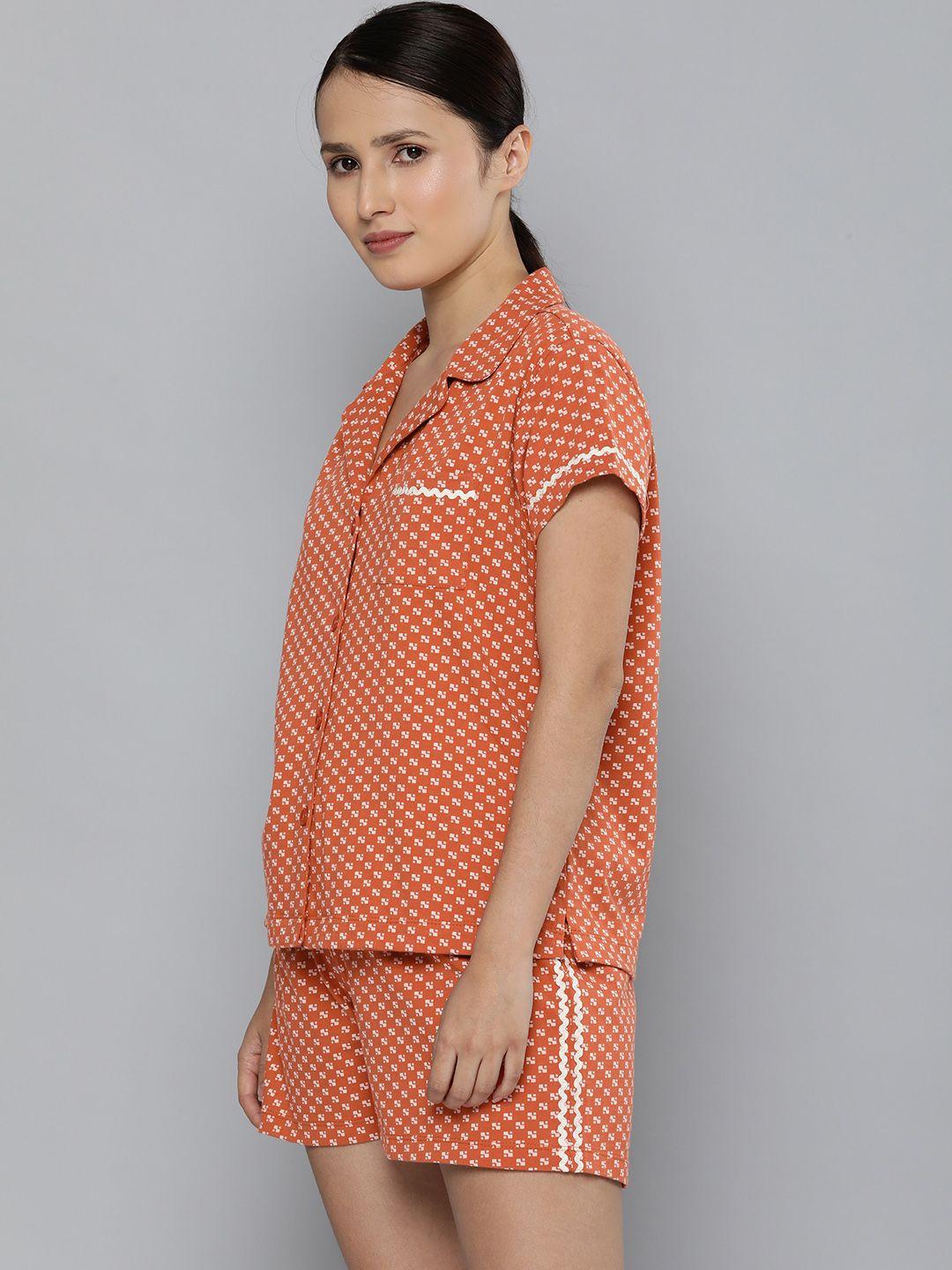 chemistry women orange pure cotton night suit