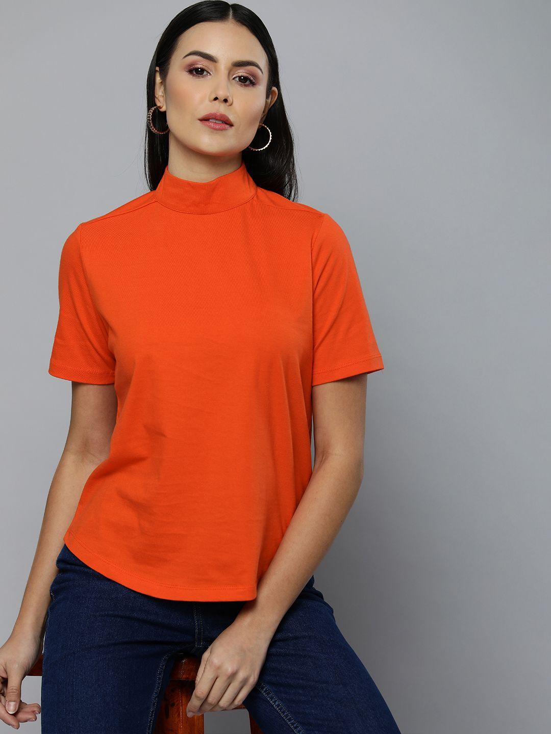chemistry women orange solid pure cotton top