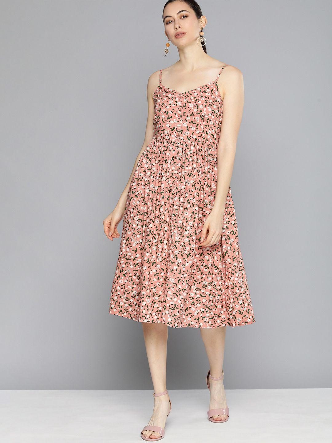 chemistry women peach-coloured floral printed fit and flare dress