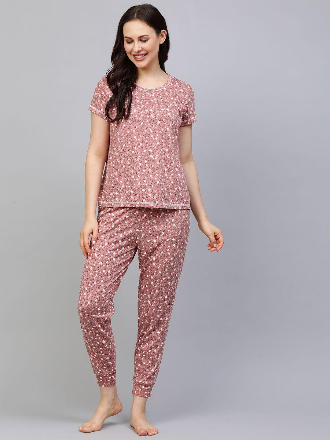 chemistry women pink & black printed night suit