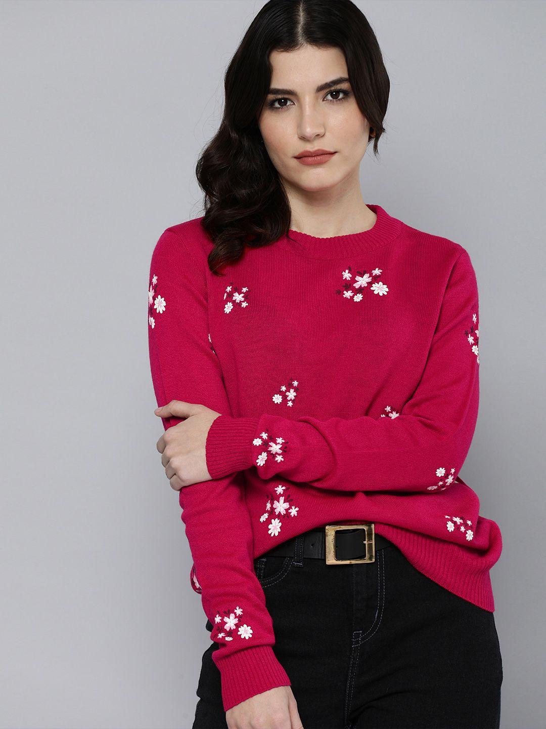 chemistry women pink & white floral printed round neck pullover