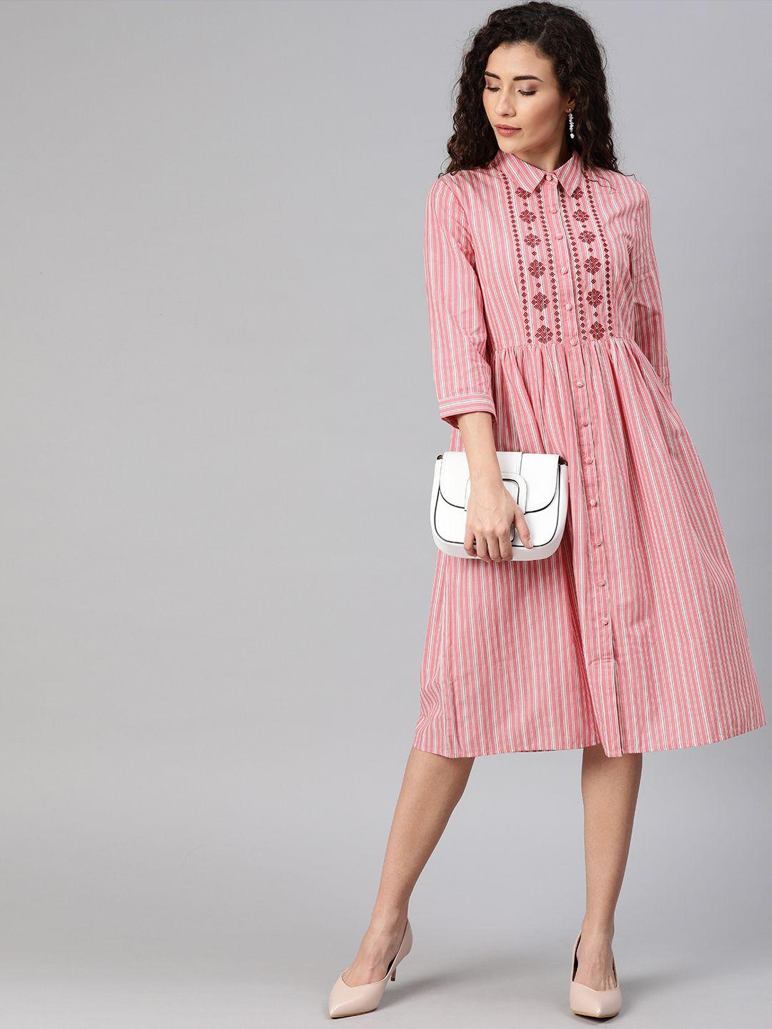 chemistry women pink & white striped a-line dress with embroidery