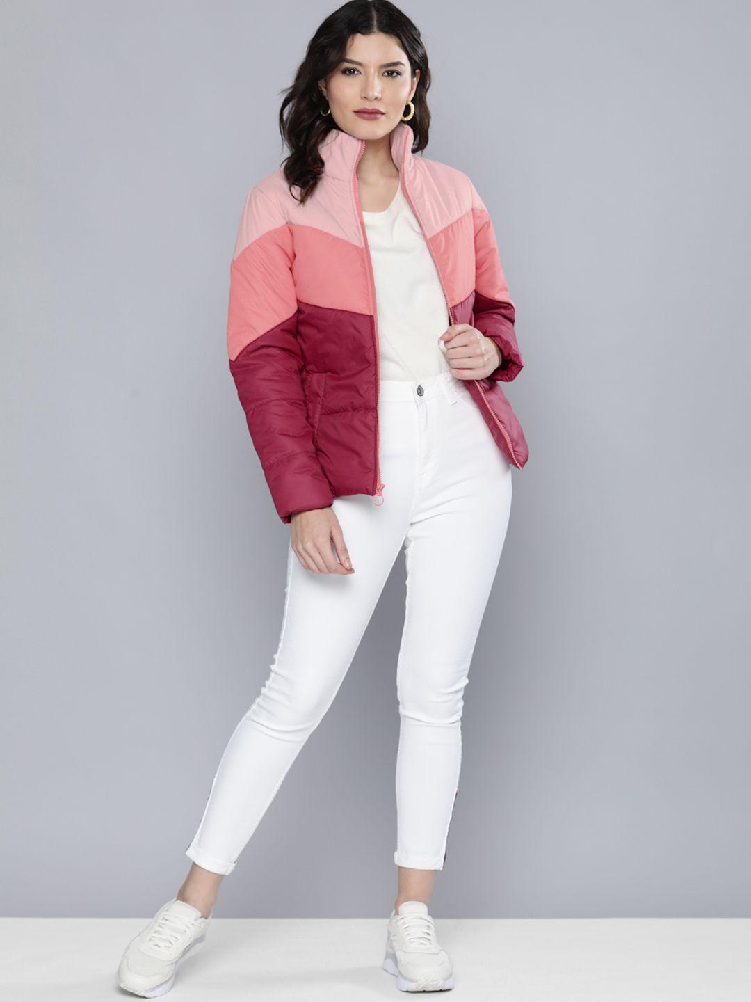 chemistry women pink colourblocked mock-collar padded jacket