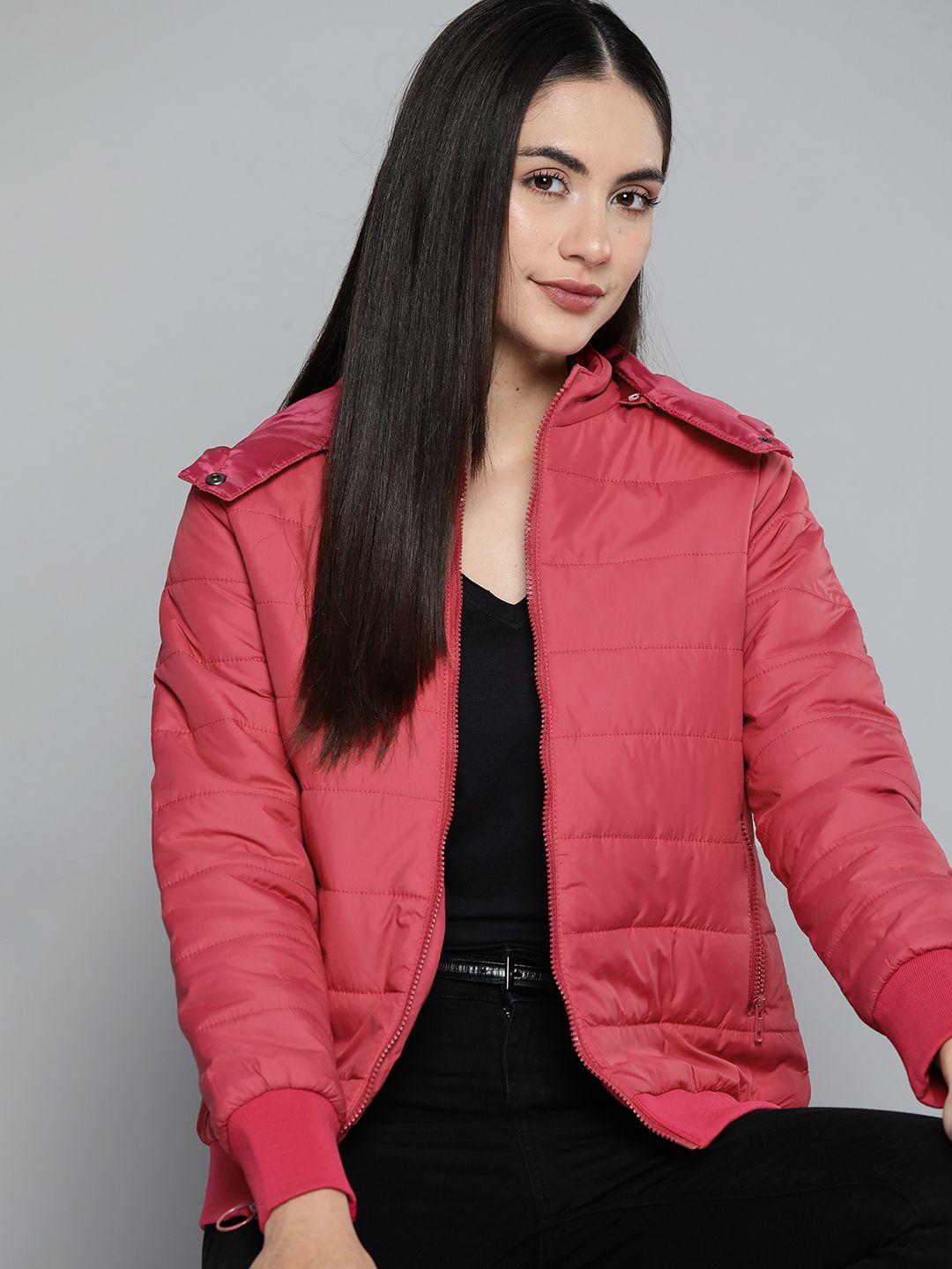 chemistry women pink hooded bomber jacket