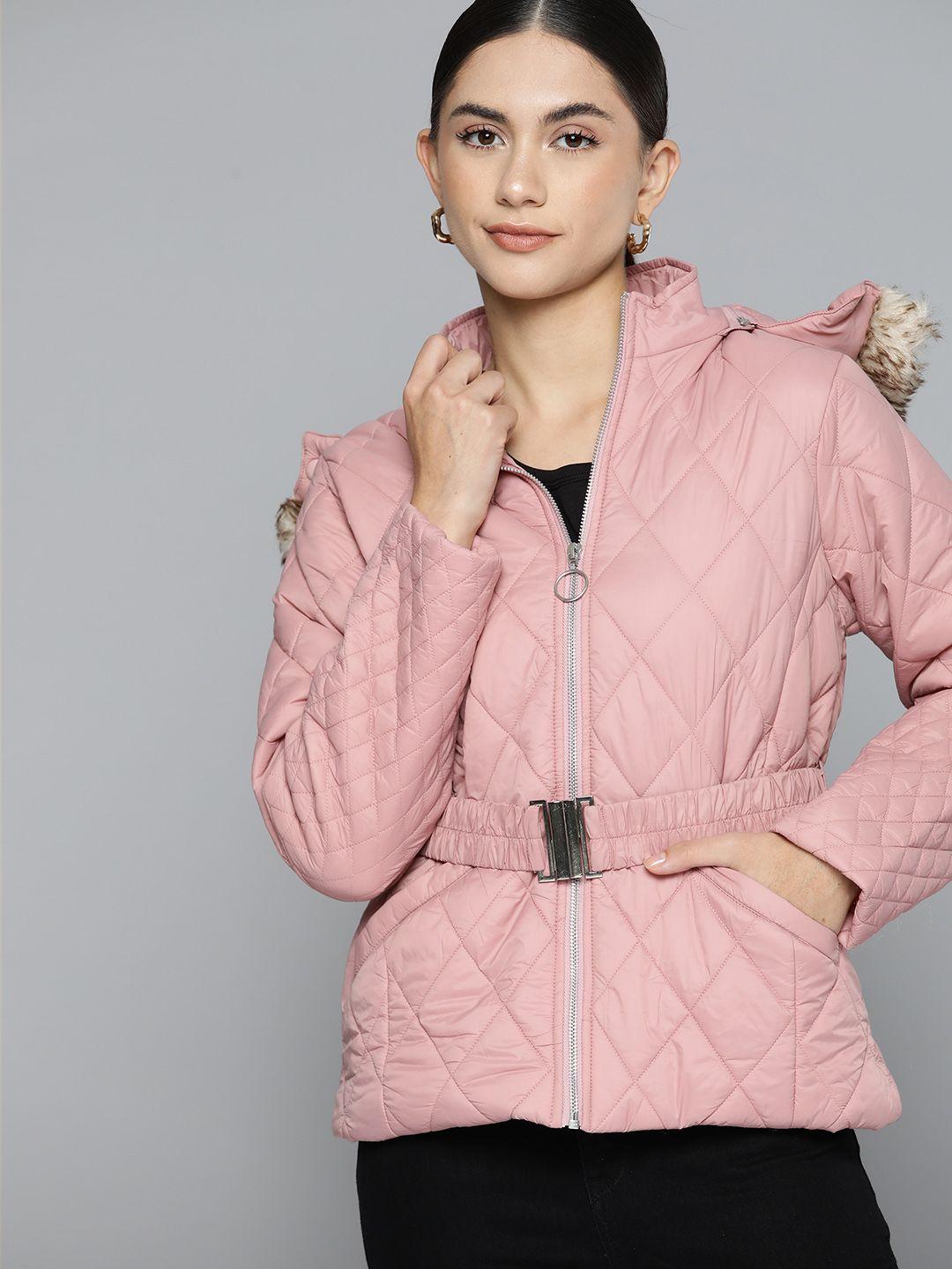 chemistry women pink quilted puffer parka jacket with belt