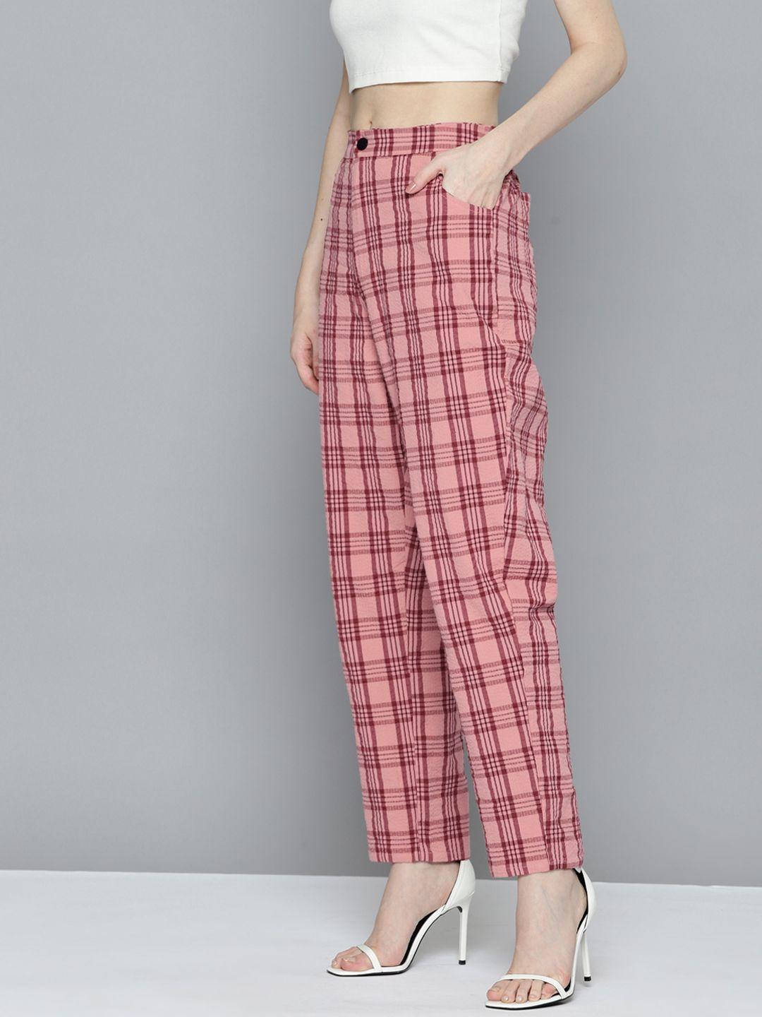 chemistry women pure cotton seersucker checked trousers