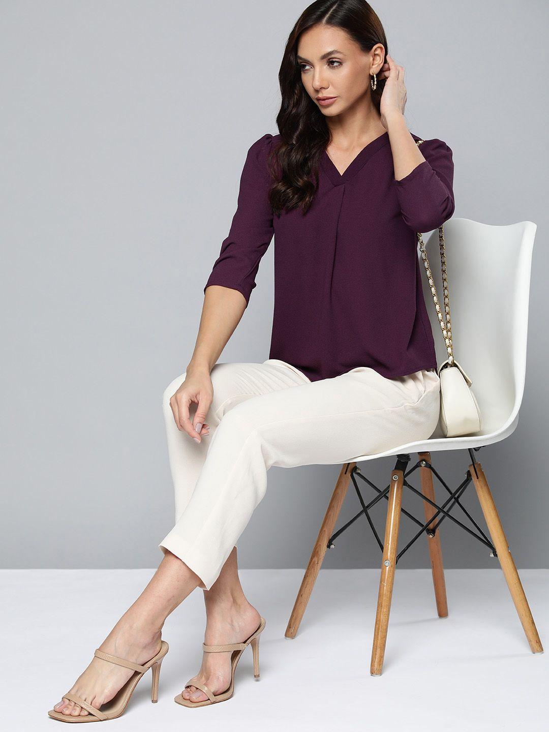 chemistry women purple solid textured v-neck top