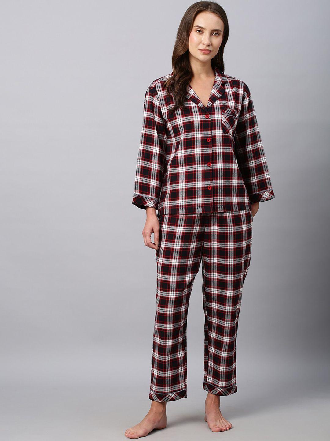 chemistry women red & black checked night suit