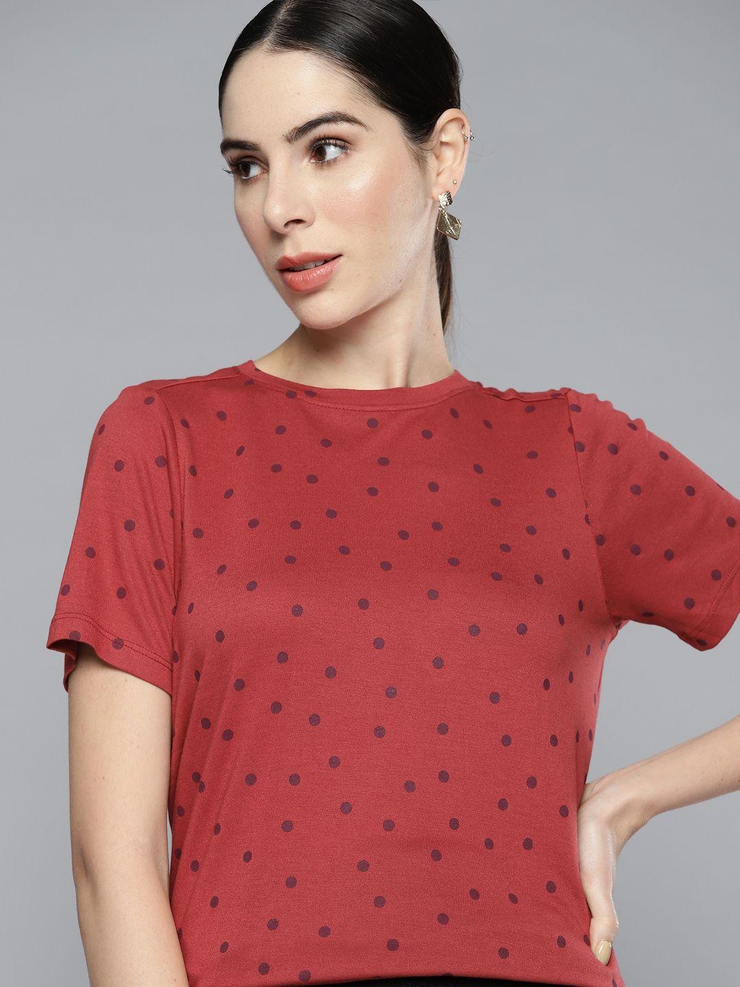 chemistry women red & burgundy dotted print t-shirt
