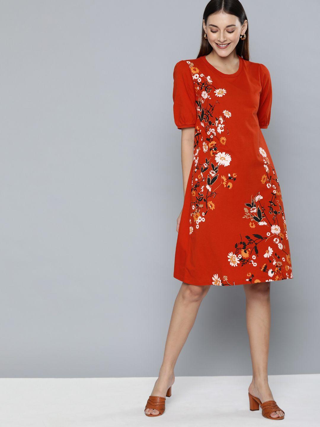 chemistry women red & white pure cotton floral printed a-line dress
