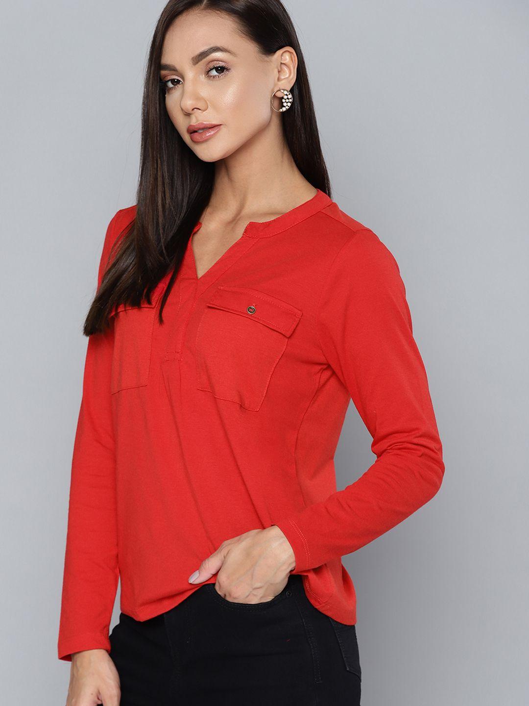 chemistry women red henley top with pockets