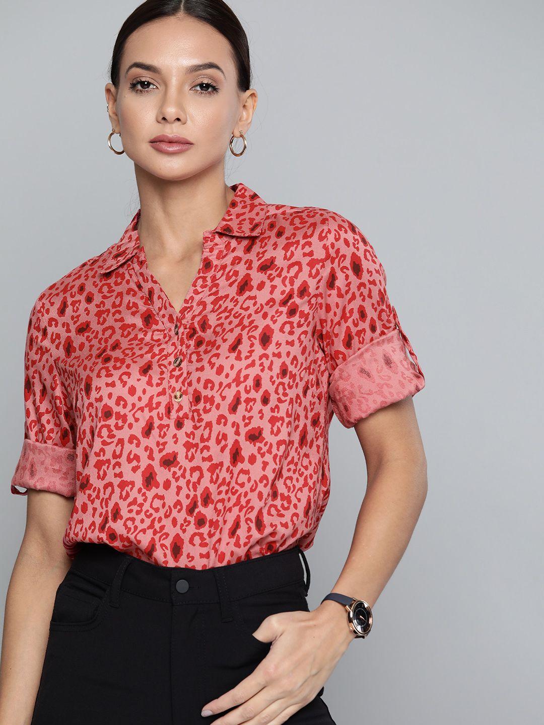 chemistry women red leopard print roll-up sleeves top