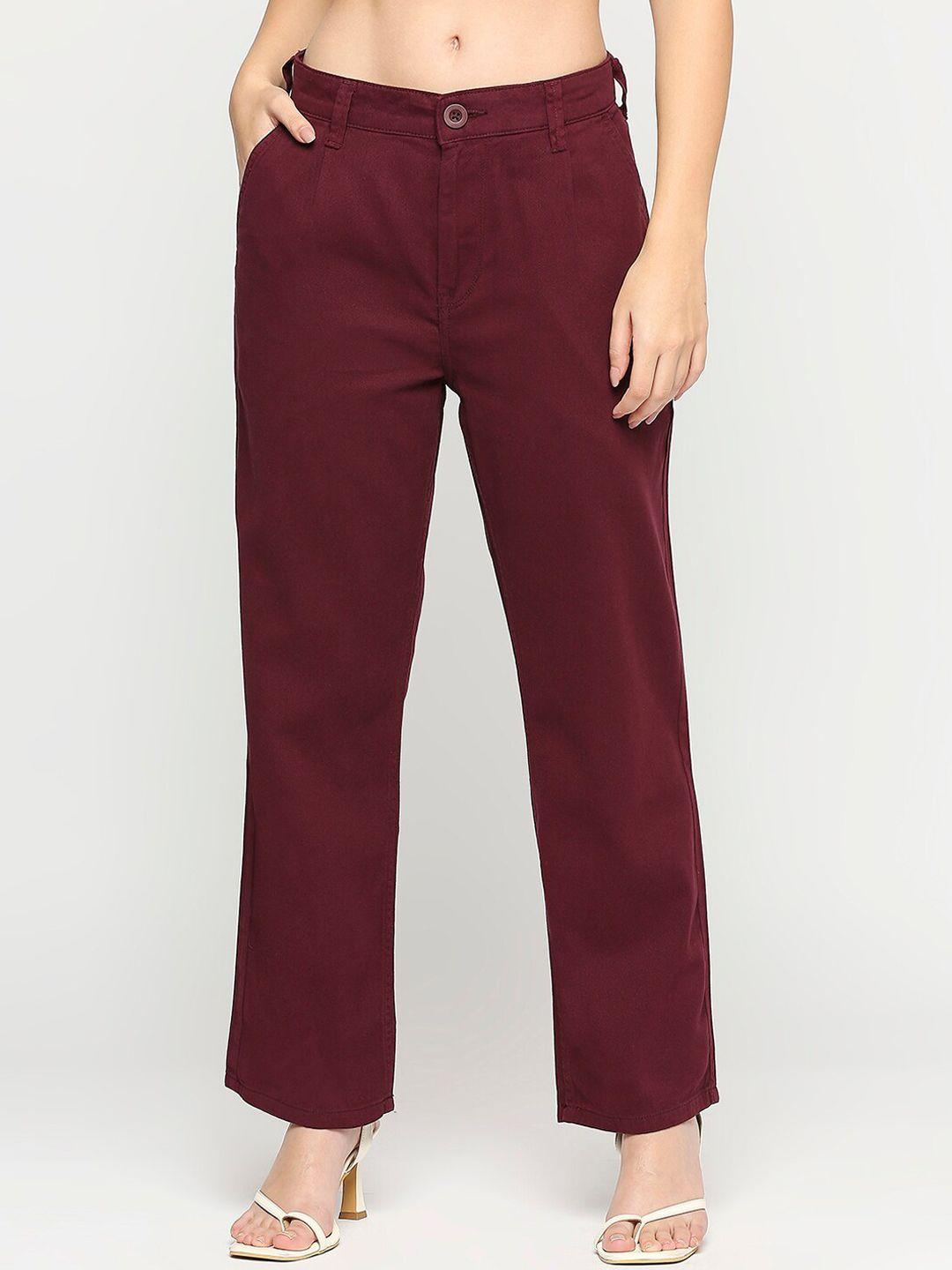 chemistry women relaxed straight leg fit mid-rise pure cotton trousers