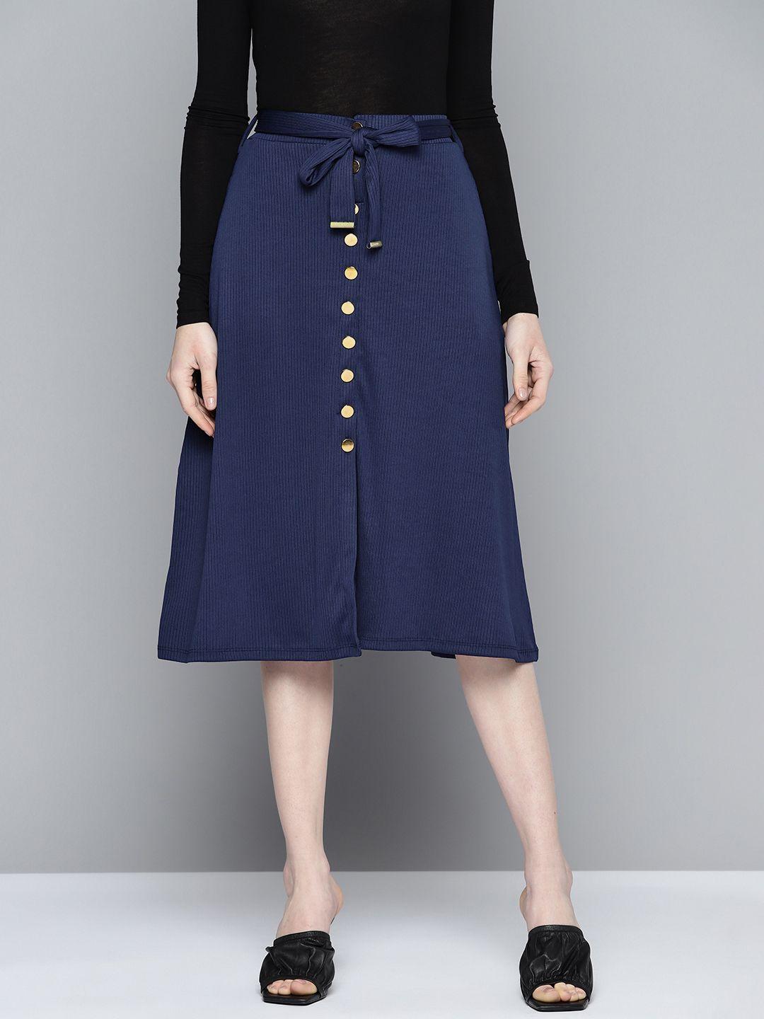 chemistry women ribbed button detailed a-line skirt with belt