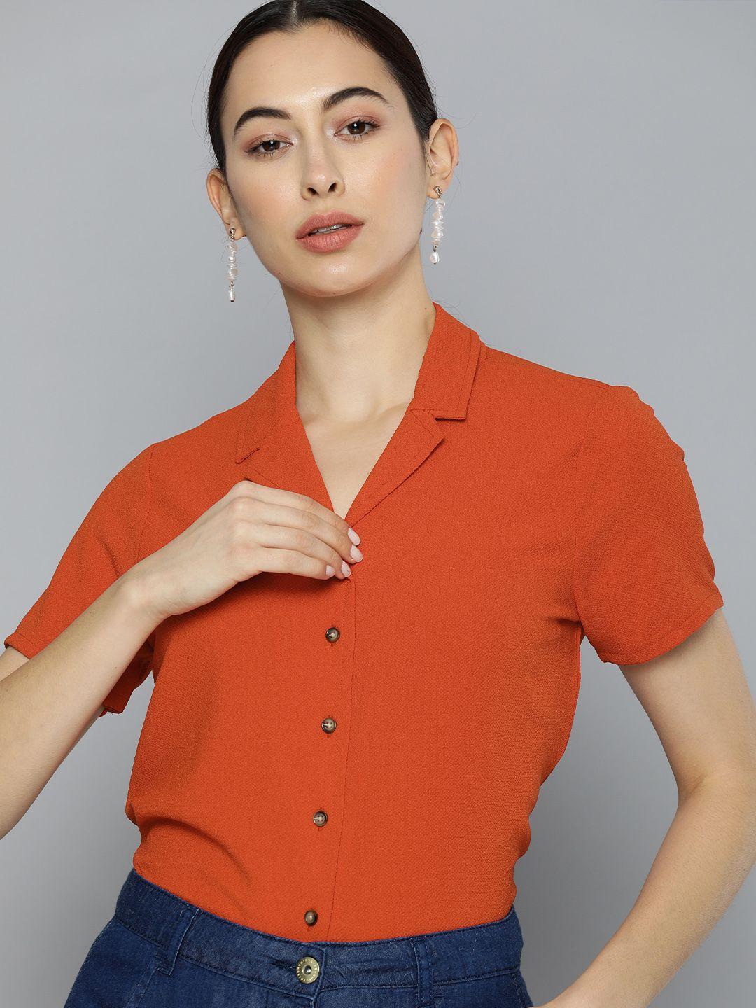 chemistry women rust orange regular fit solid casual shirt