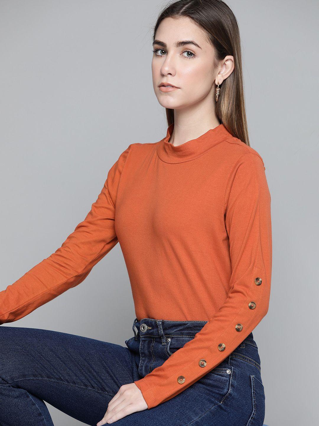 chemistry women rust orange solid pure cotton regular top