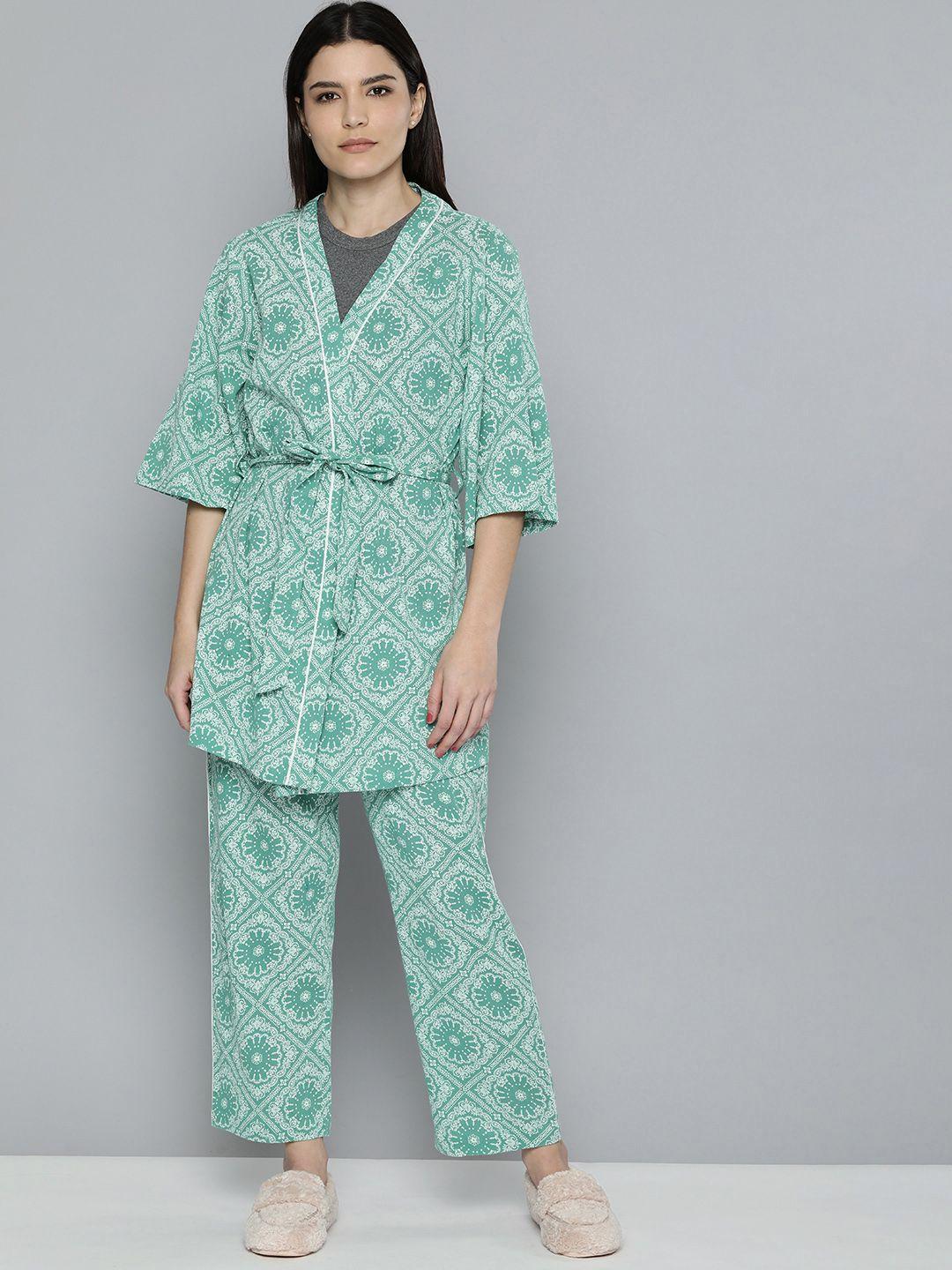 chemistry women sea green printed pure cotton kaftan night suit