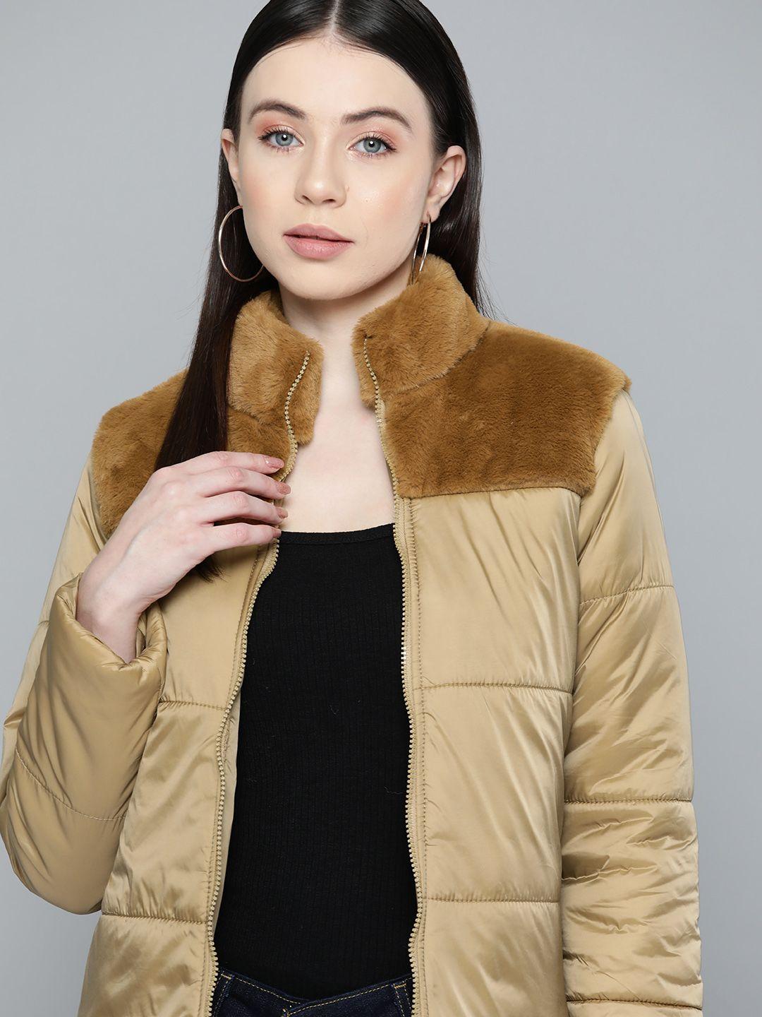 chemistry women solid faux fur detail padded jacket