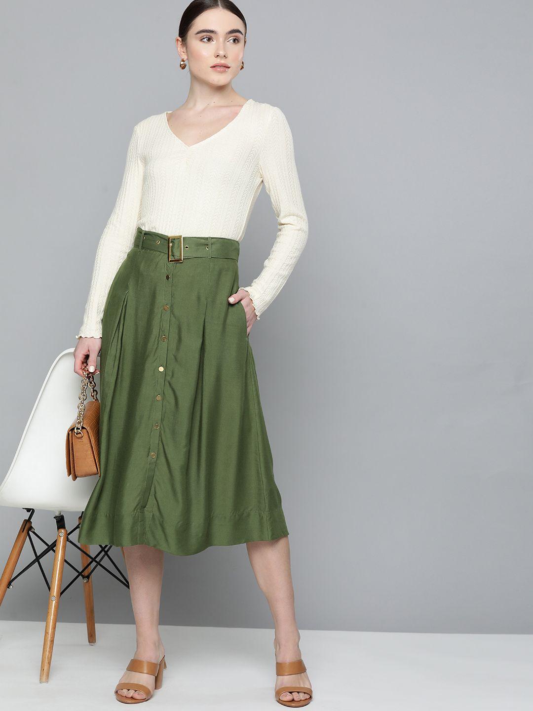 chemistry women solid flared skirt with belt