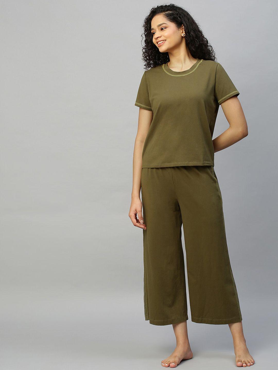 chemistry women solid olive green night suit