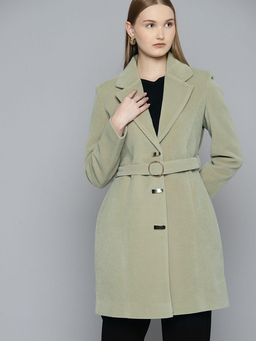 chemistry women suede button detail belted notched lapel overcoat