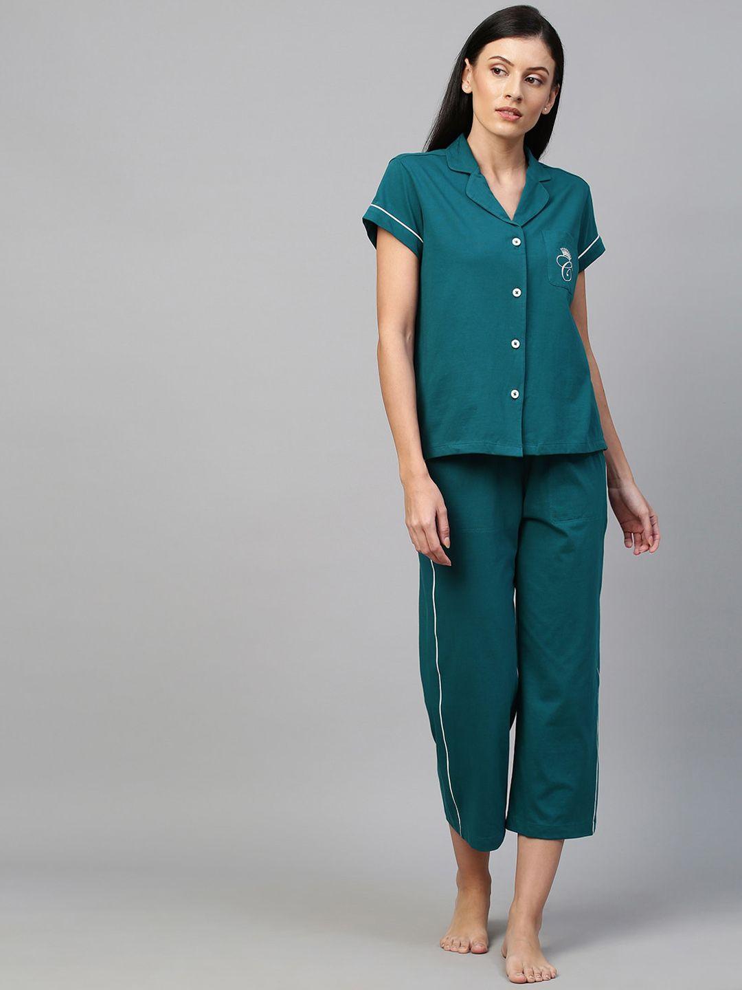 chemistry women teal solid pure cotton night suit