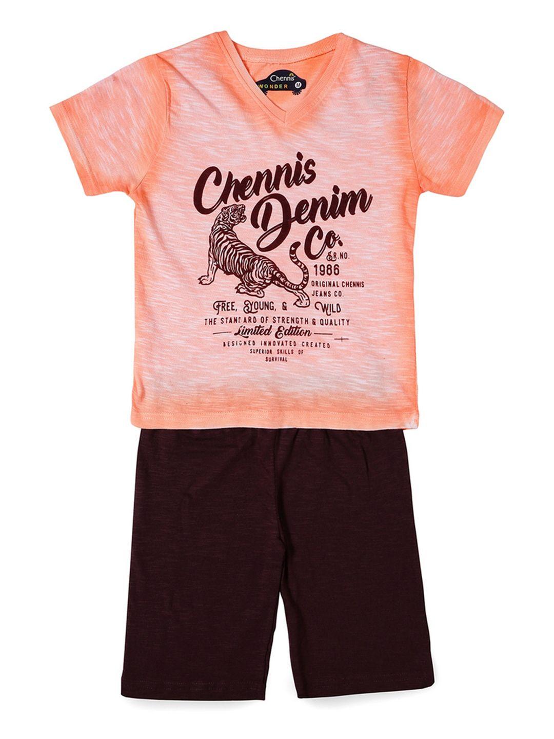 chennis boys coral pink & brown printed t-shirt with trousers