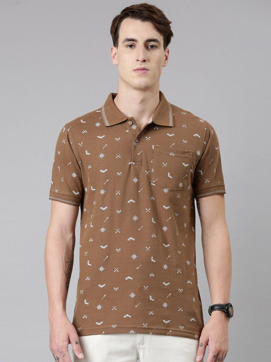 chennis men brown printed polo collar cotton slim fit t-shirt