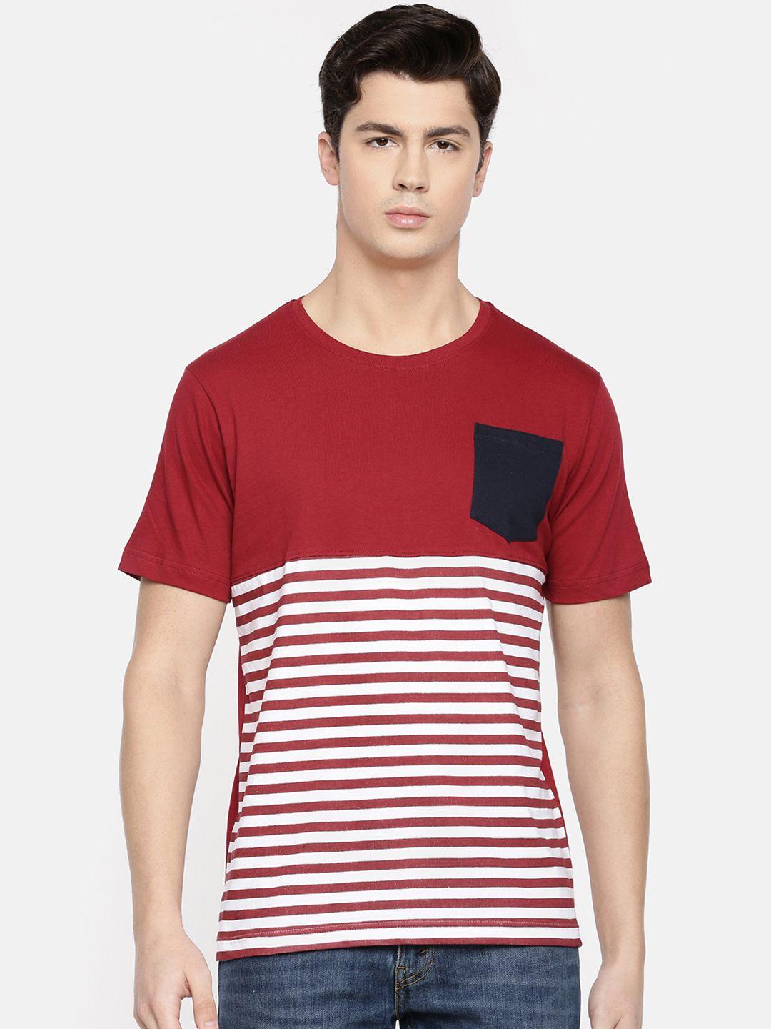 chennis men maroon striped round neck t-shirt