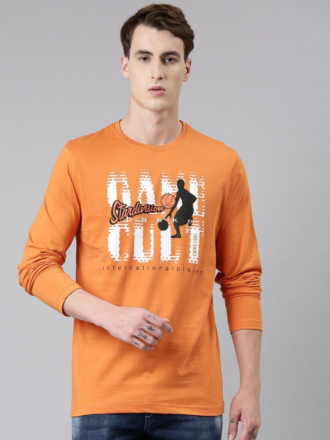 chennis men orange & white pure cotton printed slim fit t-shirt