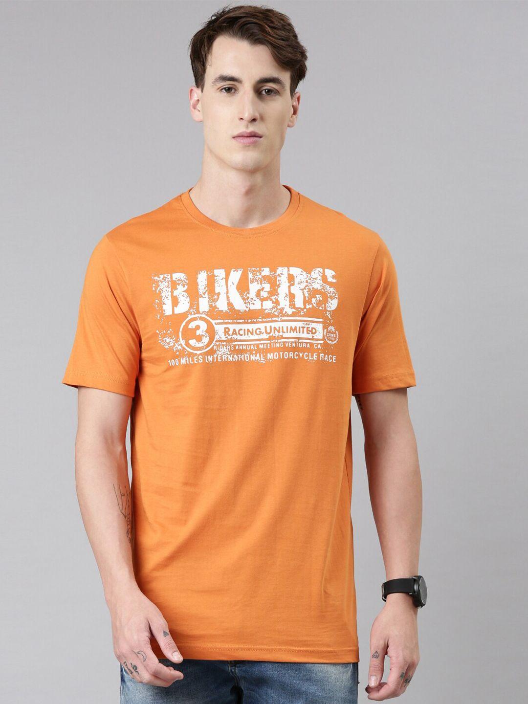 chennis men orange typography printed slim fit pure cotton t-shirt