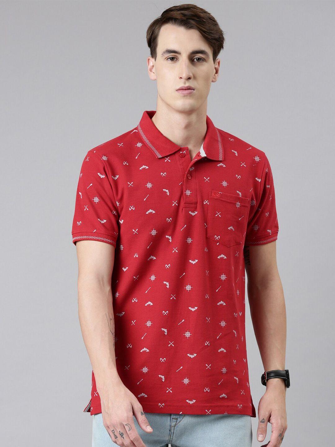 chennis men red printed polo collar cotton slim fit t-shirt