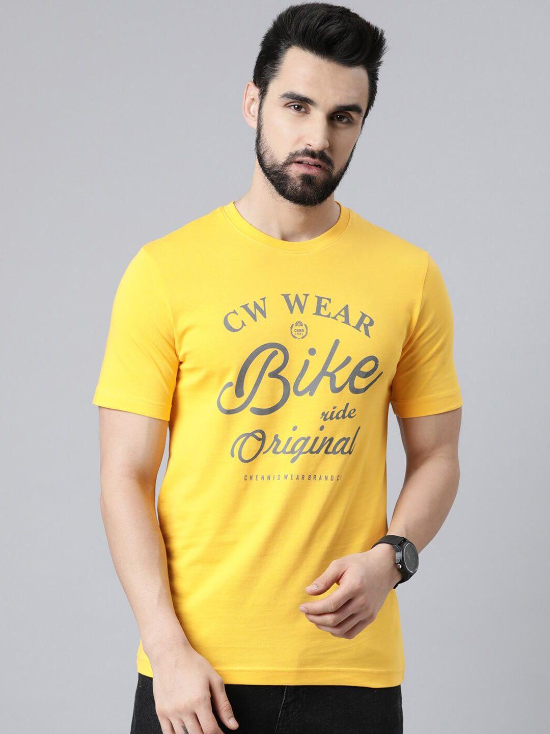 chennis men yellow typography printed slim fit cotton t-shirt