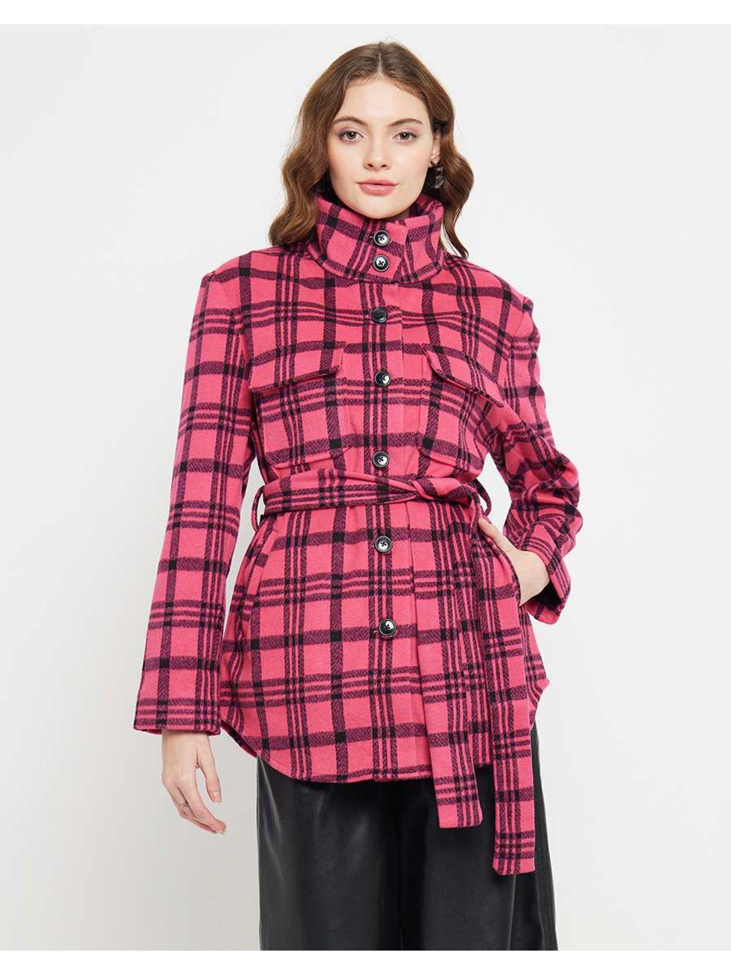 chequered stand collar hot pink coat (set of 2)