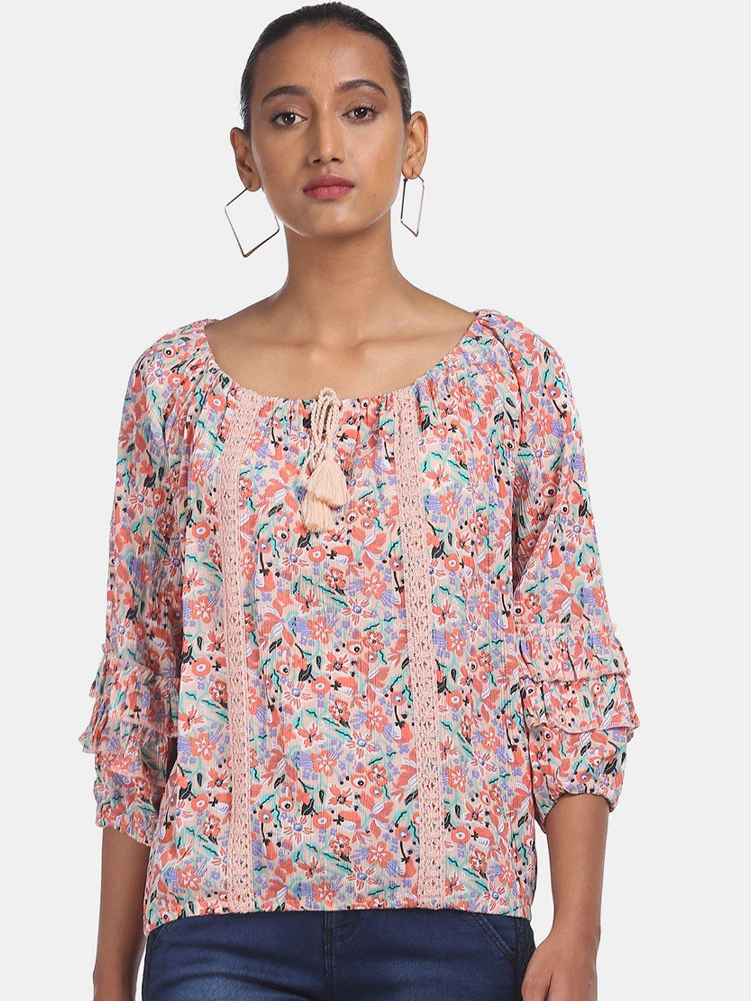 cherokee peach-coloured floral printed tie-up neck puff sleeves blouson top