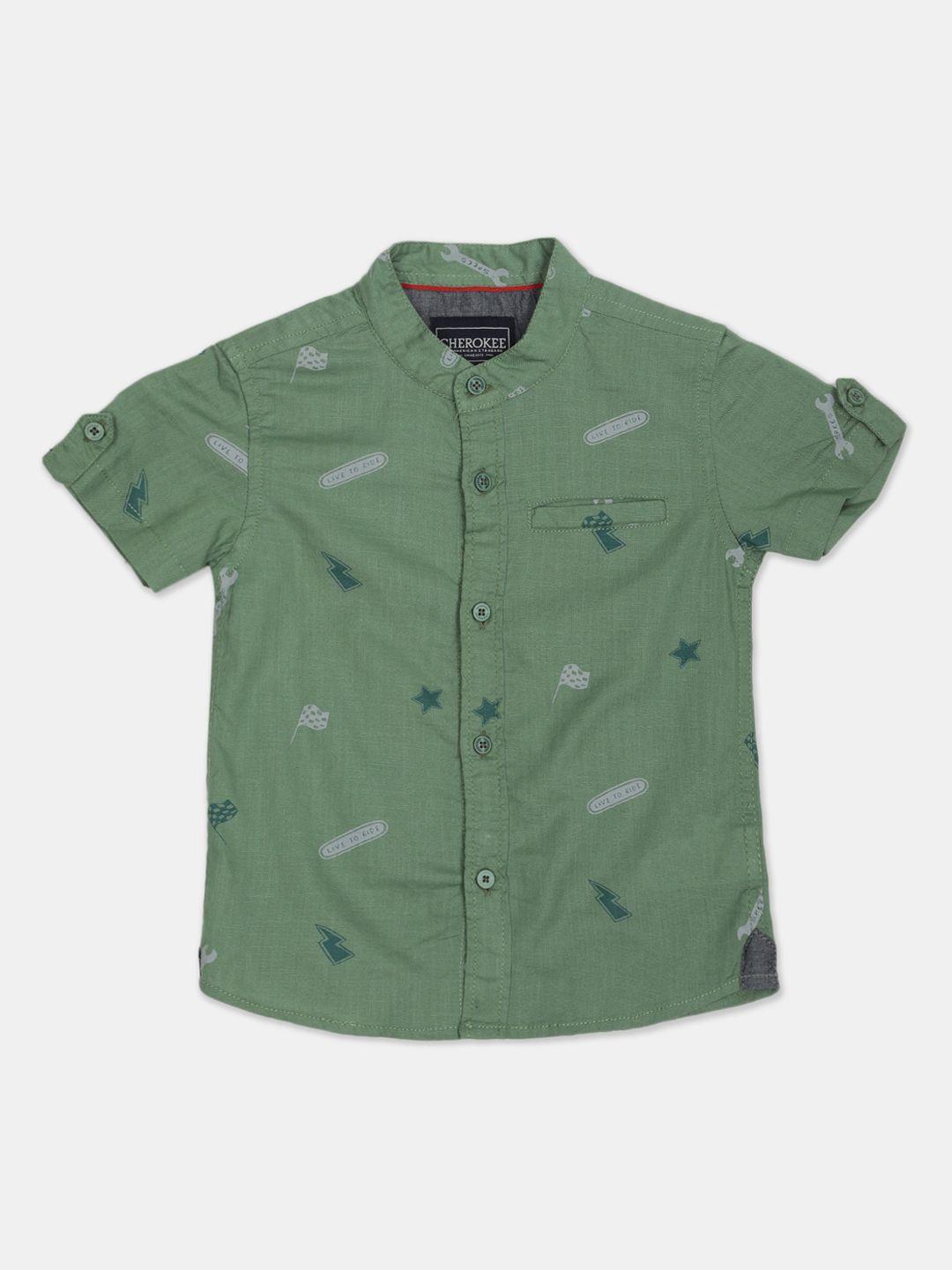 cherokee boys green & grey regular fit conversational printed cotton casual shirt