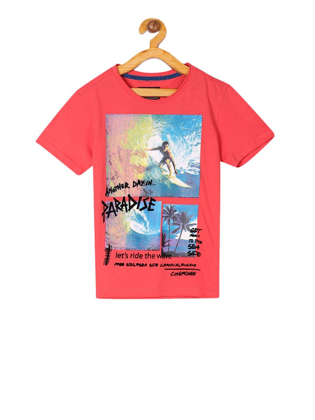 cherokee boys red printed round neck pure cotton t-shirt