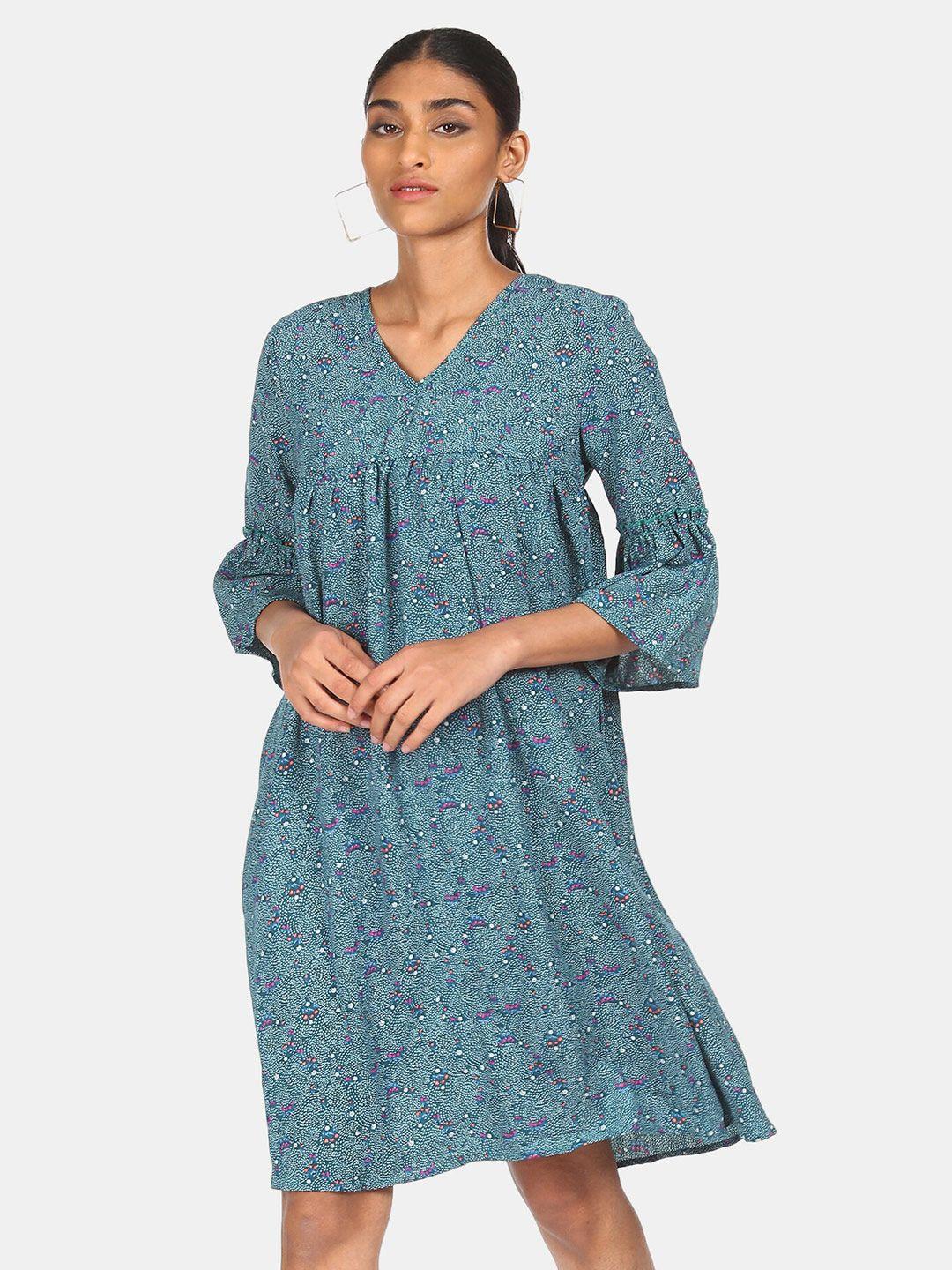 cherokee green floral printed bell sleeve a-line dress