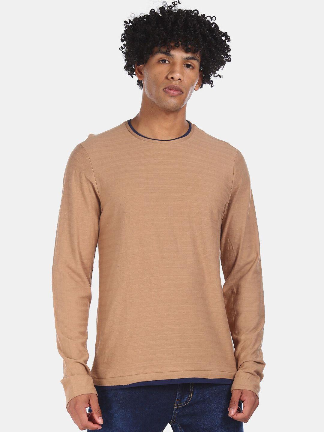 cherokee men beige self striped round neck t-shirt