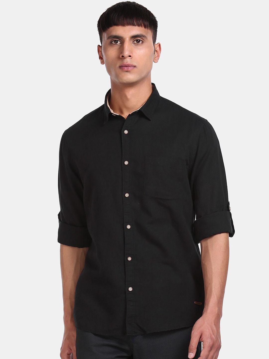 cherokee men black regular fit solid casual shirt