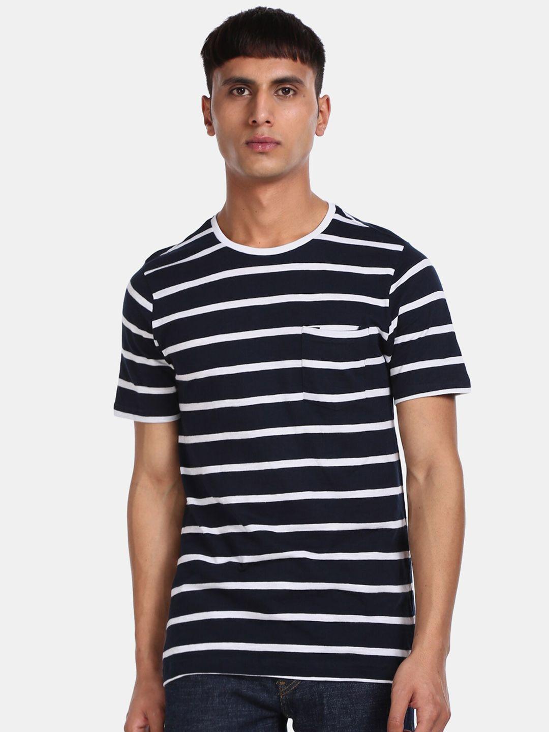 cherokee men blue  white striped round neck pure cotton t-shirt