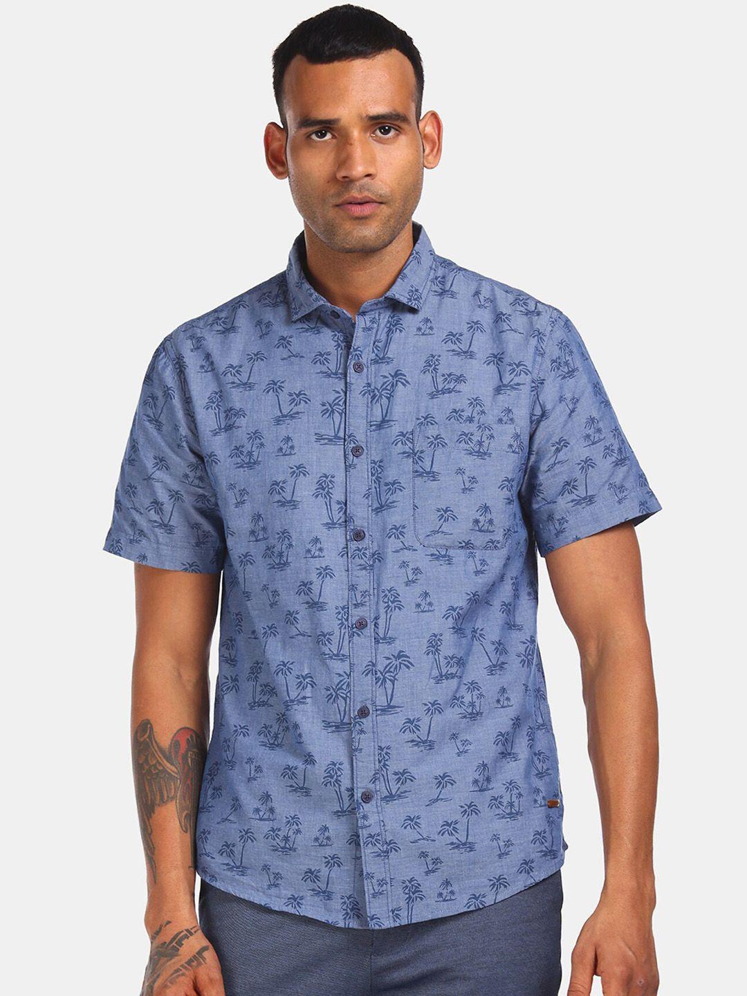 cherokee men blue regular fit printed cotton casual shirt