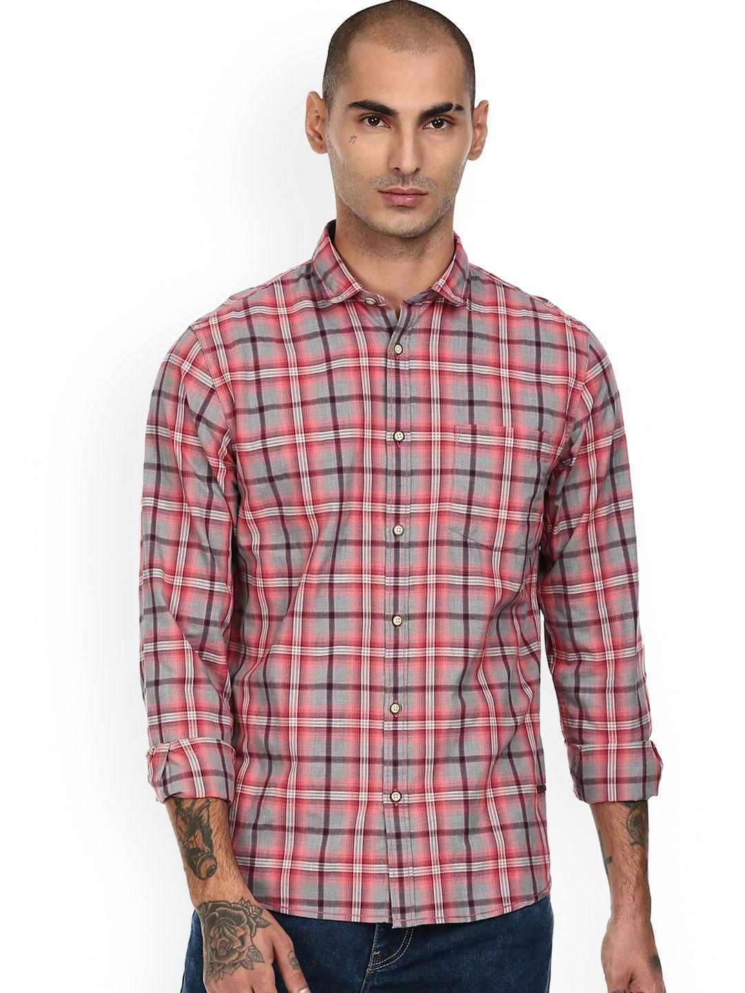 cherokee men coral & grey tartan checks opaque cotton casual shirt