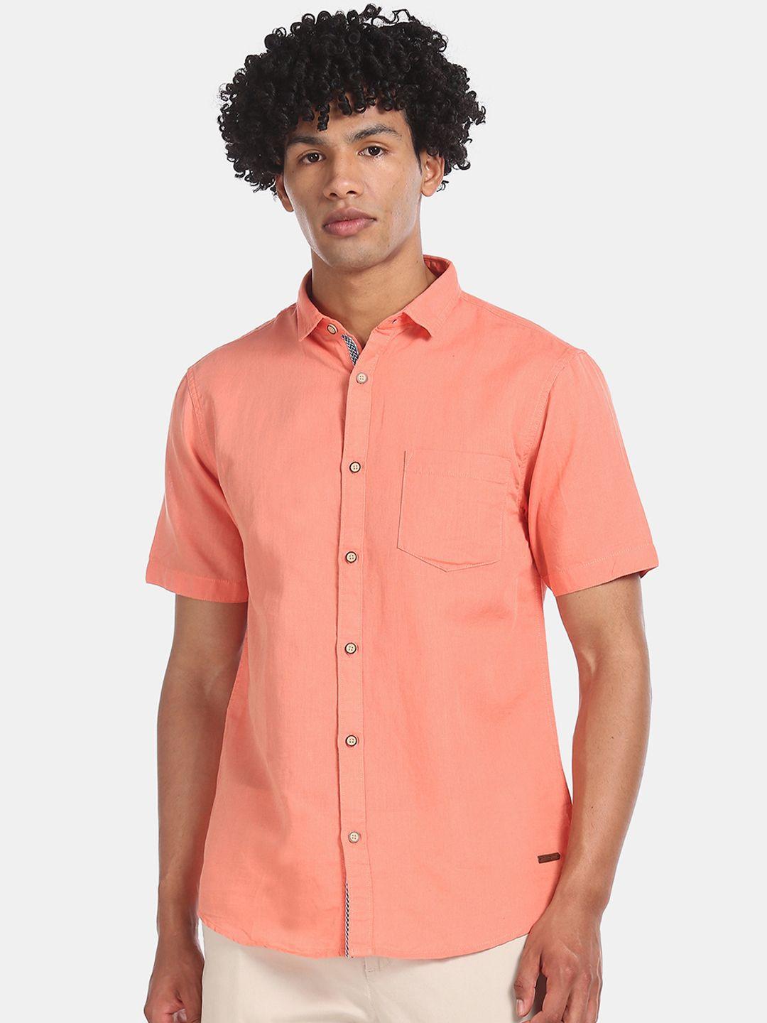 cherokee men coral orange regular fit solid casual shirt