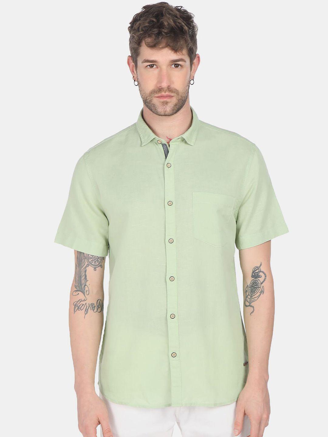 cherokee men green solid cotton linen casual shirt