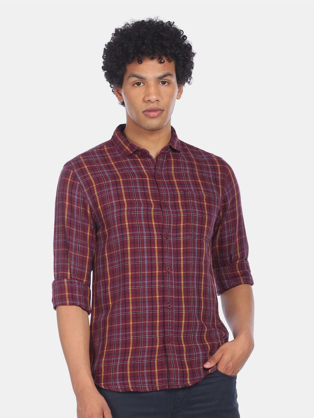 cherokee men maroon tartan checked casual shirt