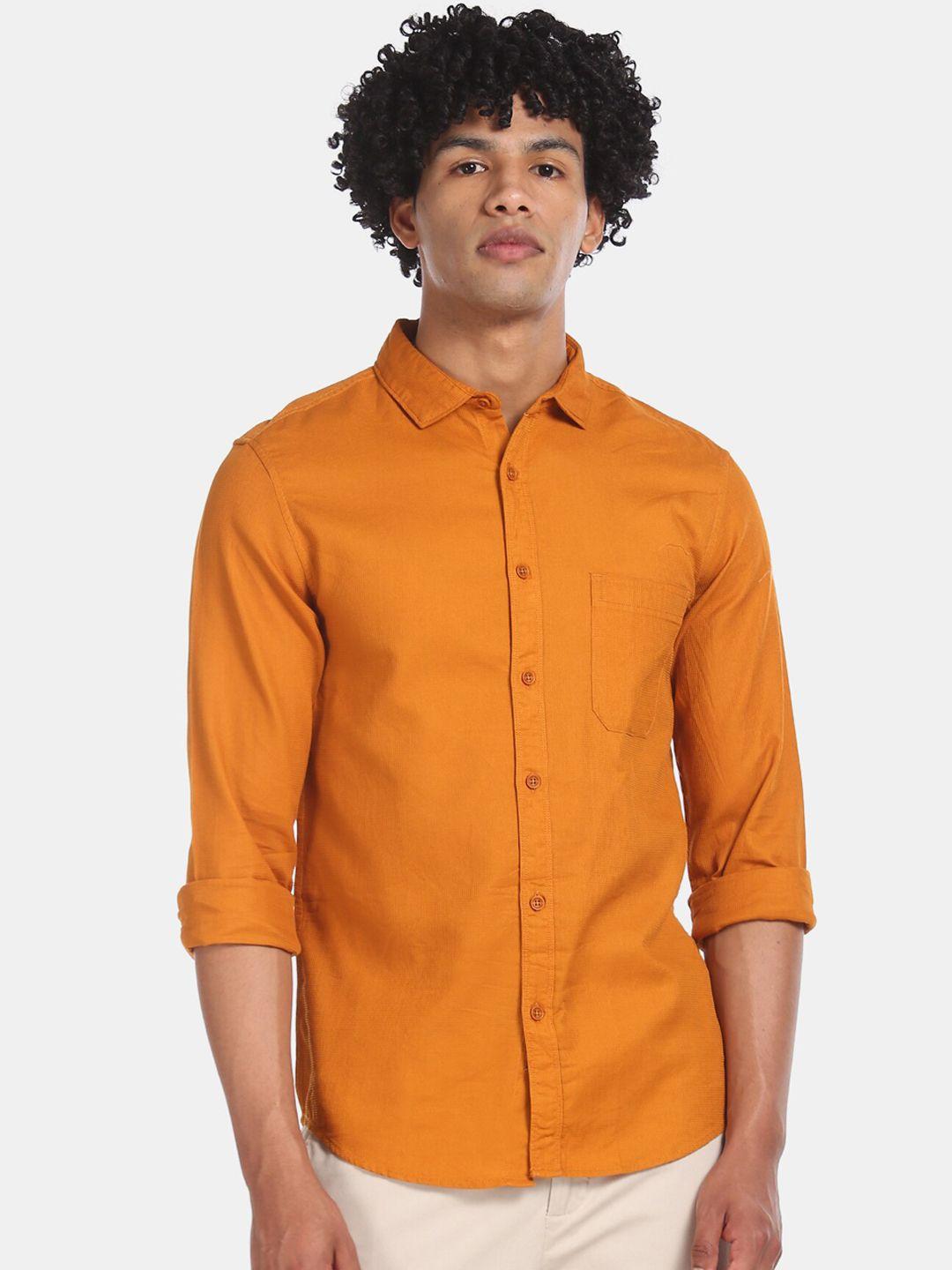 cherokee men mustard orange regular fit solid cotton casual shirt