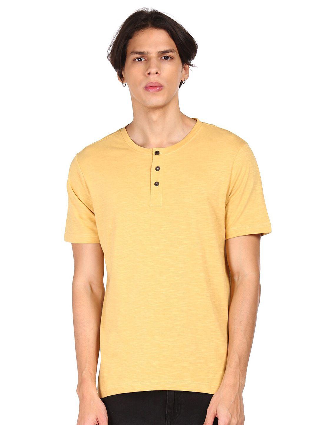 cherokee men mustard yellow henley neck cotton t-shirt