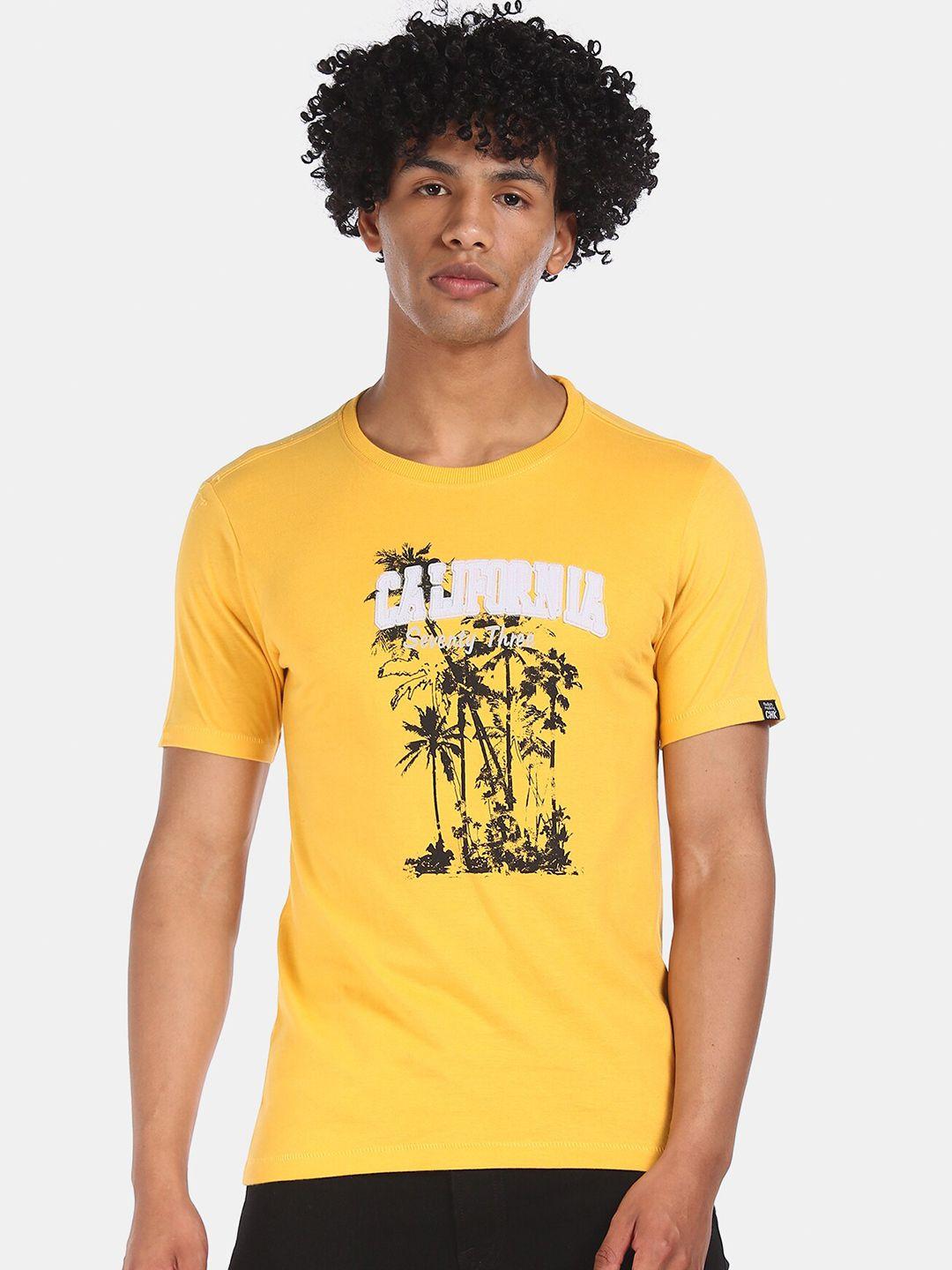 cherokee men mustard yellow printed round neck t-shirt