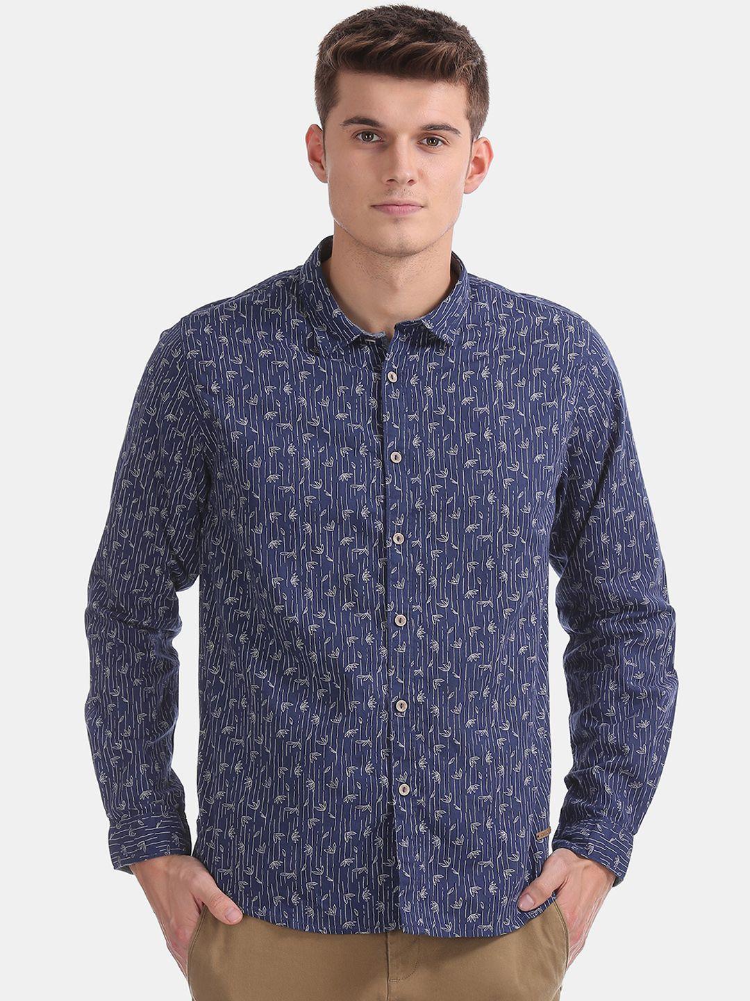 cherokee men navy blue & off-white regular fit printed linen casual shirt